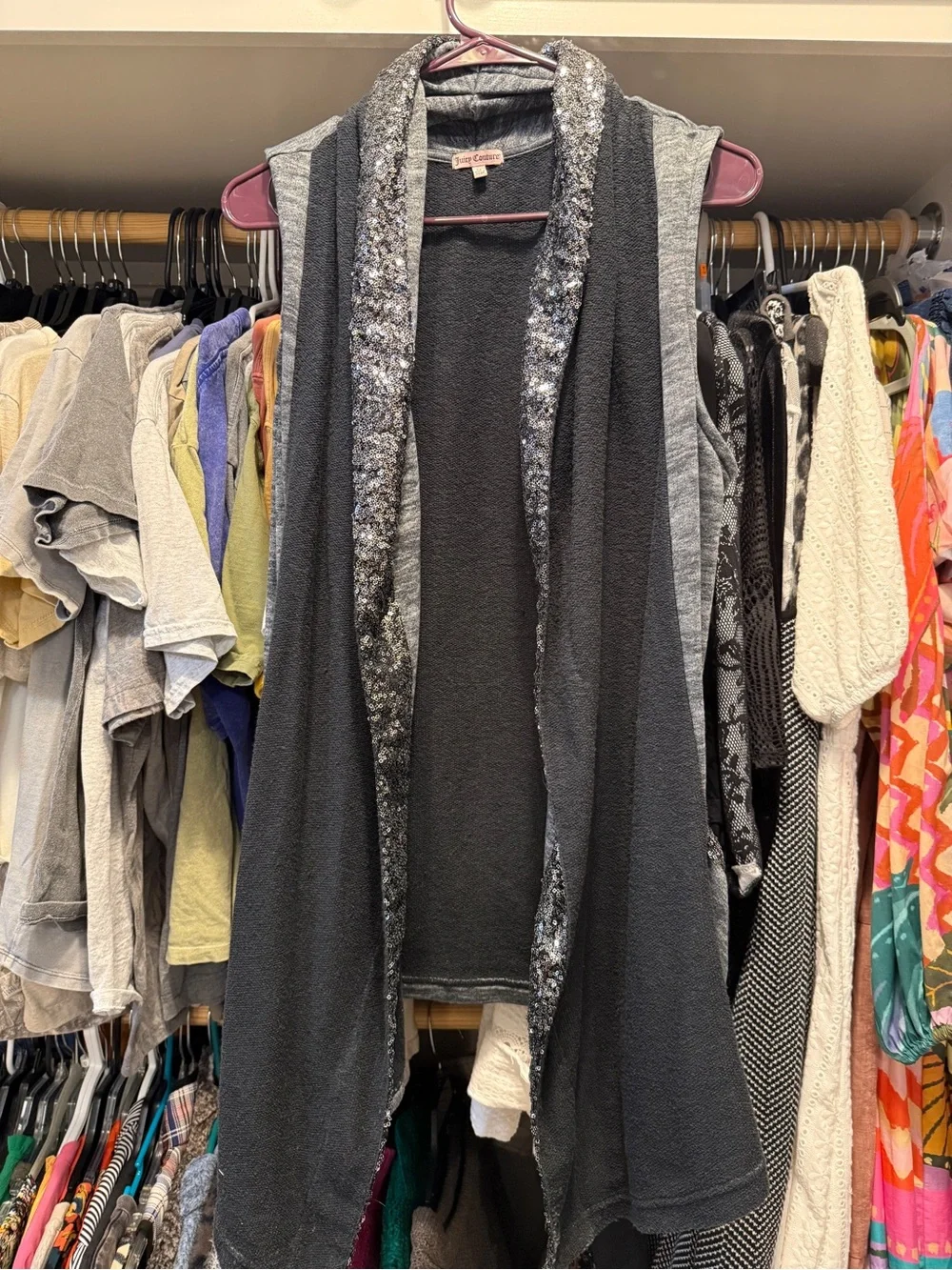 Juicy Couture Black Sleeveless Open-Front Sweater Vest with Sequin Trim
